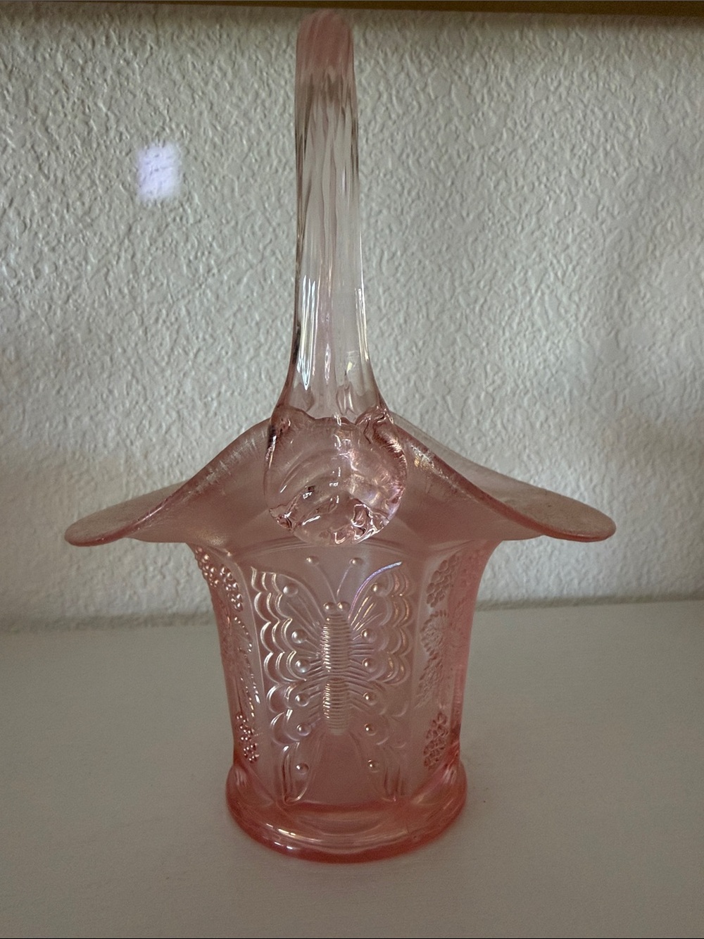 Fenton Pink Glass Butterfly Basket - Decorative Home Accent